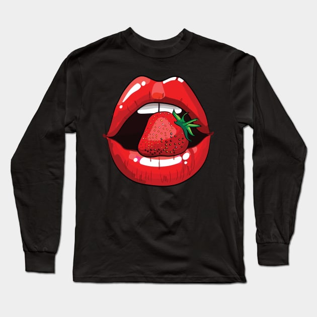 Sexy Woman Lips with Lip Gloss and Strawberry Long Sleeve T-Shirt by XOZ